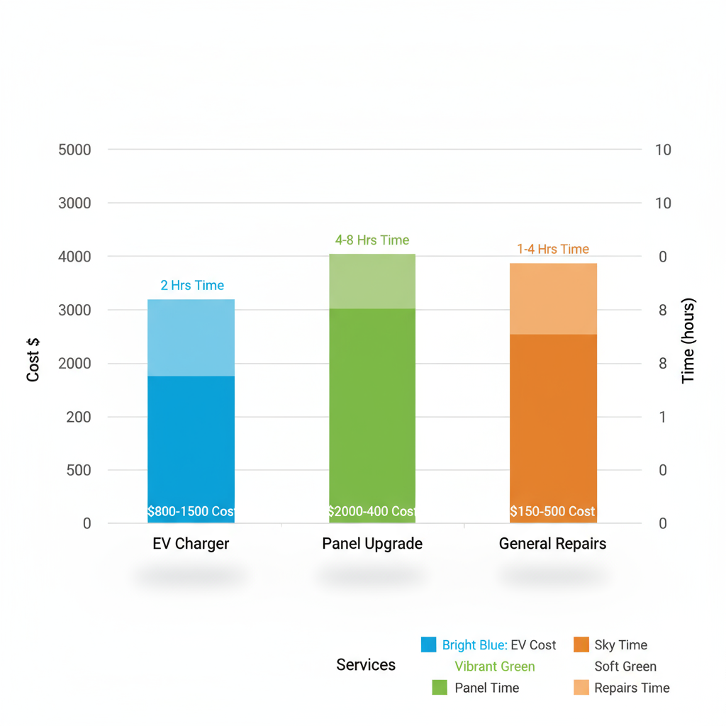 Bar chart comparing costs and installation times for EV charger, panel upgrade, and general electrical repairs services