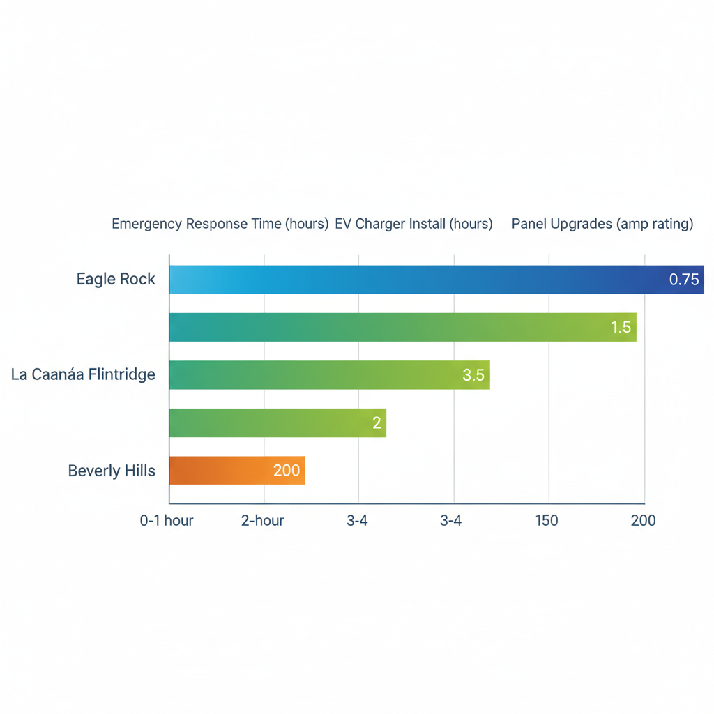Horizontal bar chart comparing emergency response time, EV charger installation speed, and panel upgrade capabilities for electrical services in Eagle Rock, La Canada Flintridge, and Beverly Hills.