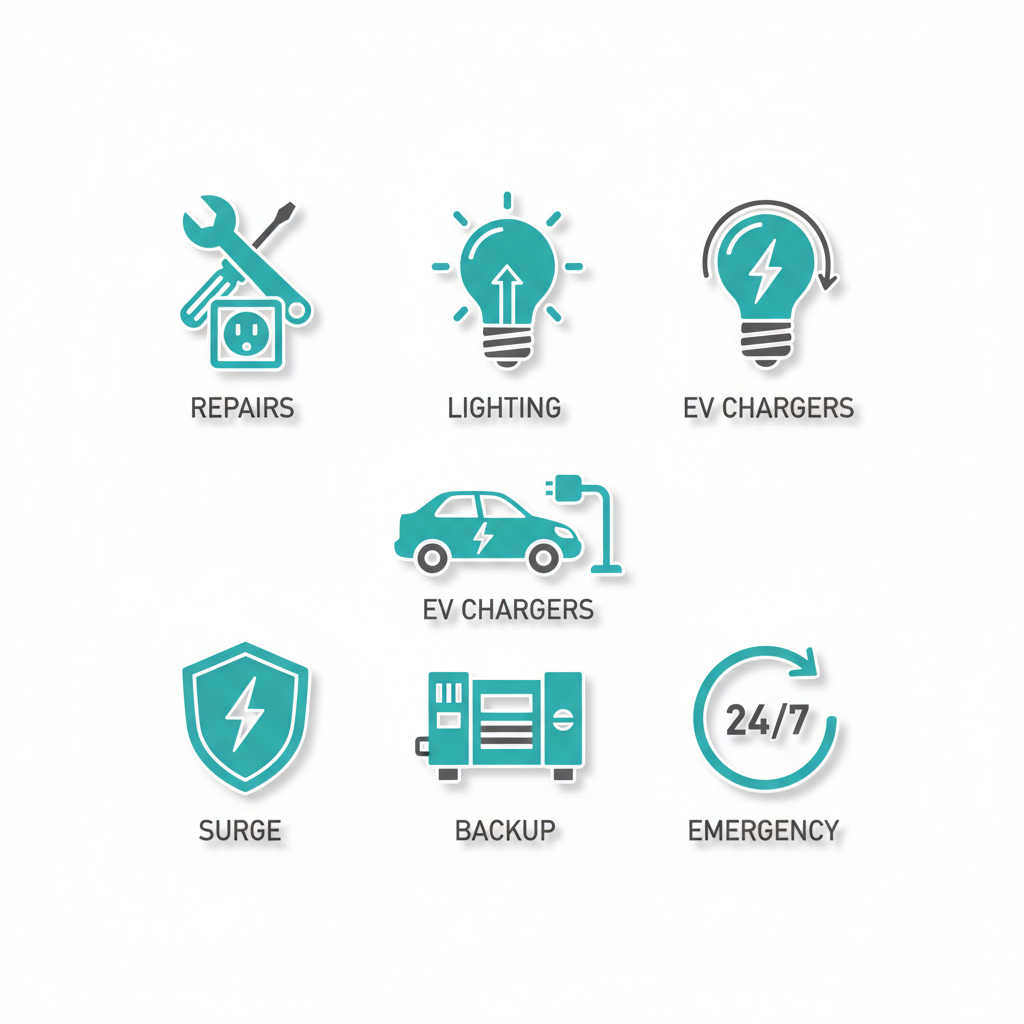 Grid of icons depicting residential electrical services: repairs, installations, EV chargers, surge protection, generators, and 24/7 emergencies