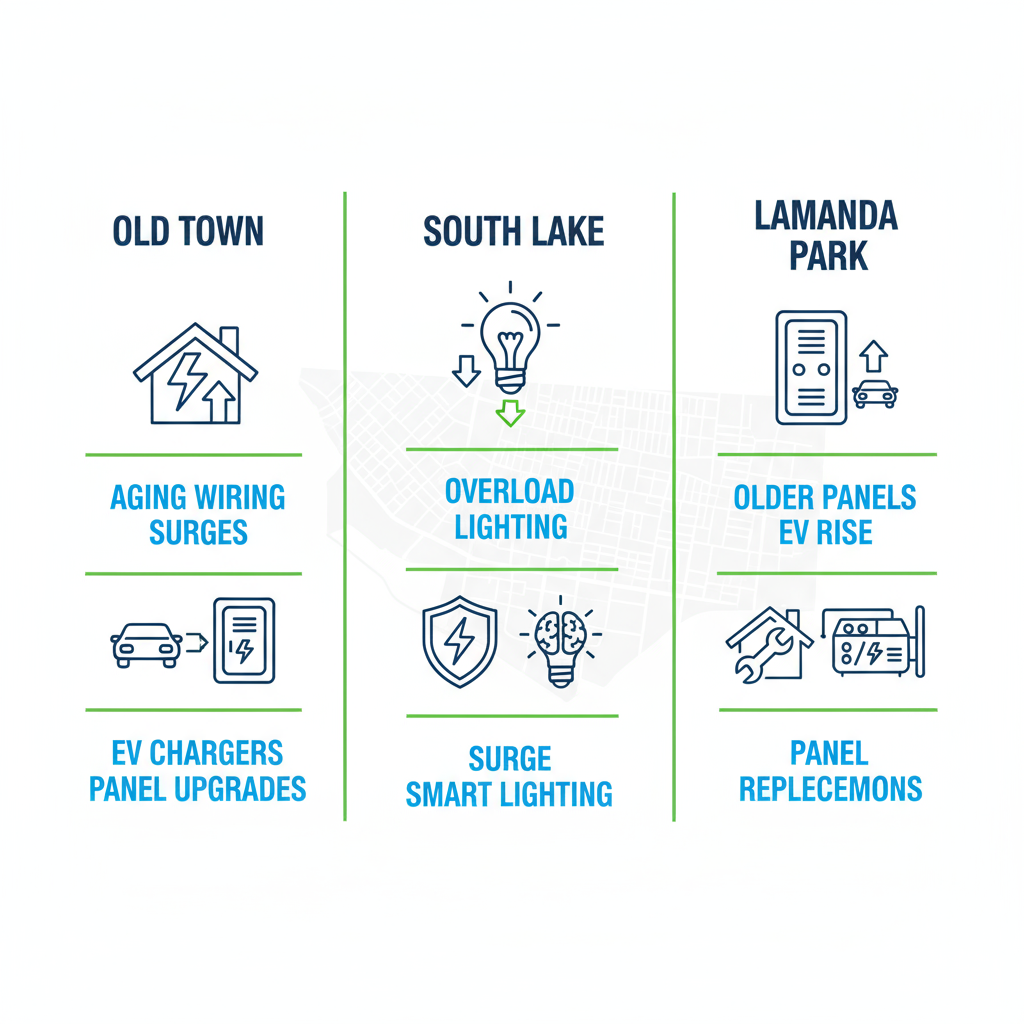 Infographic illustrating electrical service needs across Pasadena neighborhoods Old Town, South Lake, and Lamanda Park