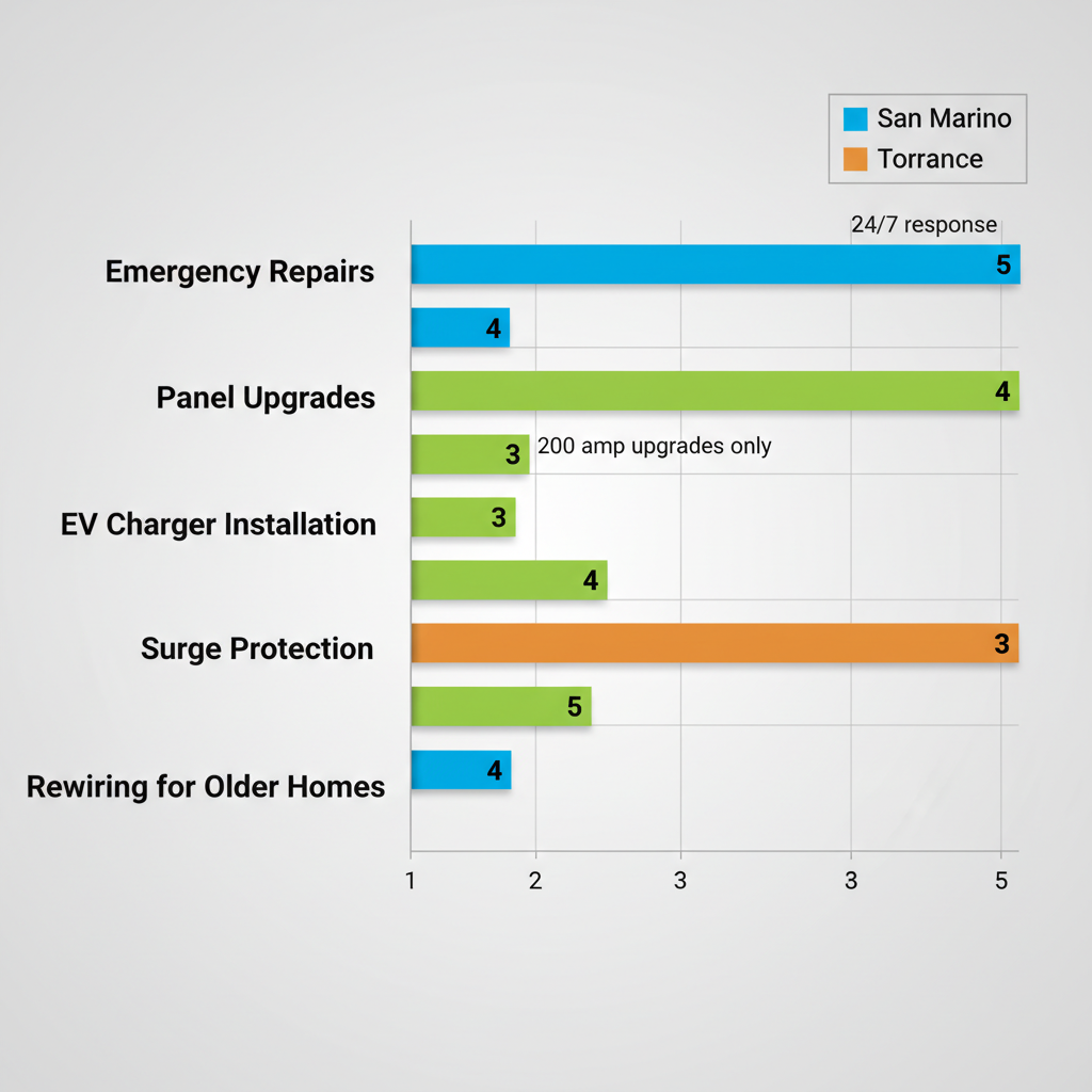 Horizontal bar chart comparing coverage levels of various electrical services in San Marino, Eagle Rock, and Torrance areas