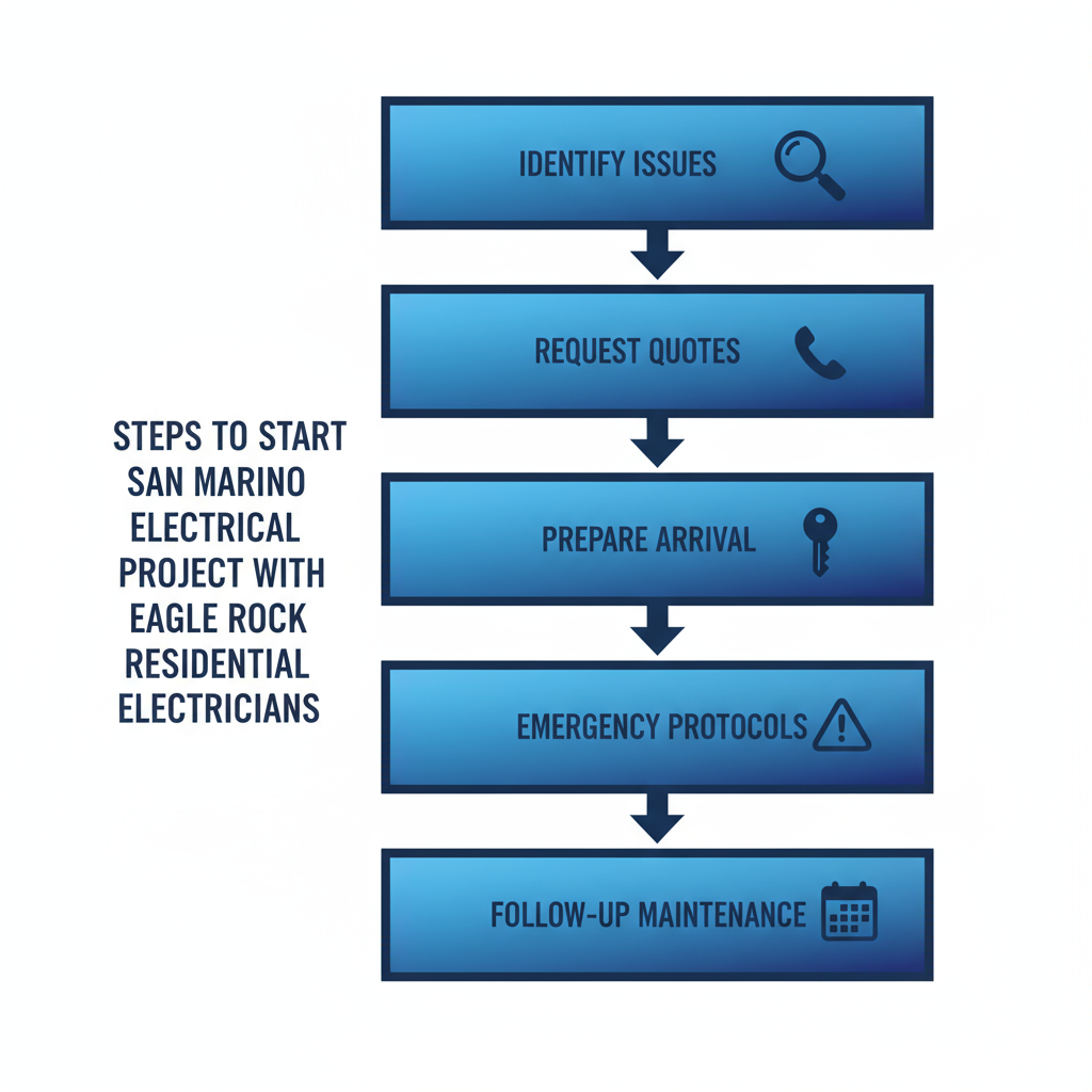 Vertical process flow diagram showing five stages to start an electrical project in San Marino