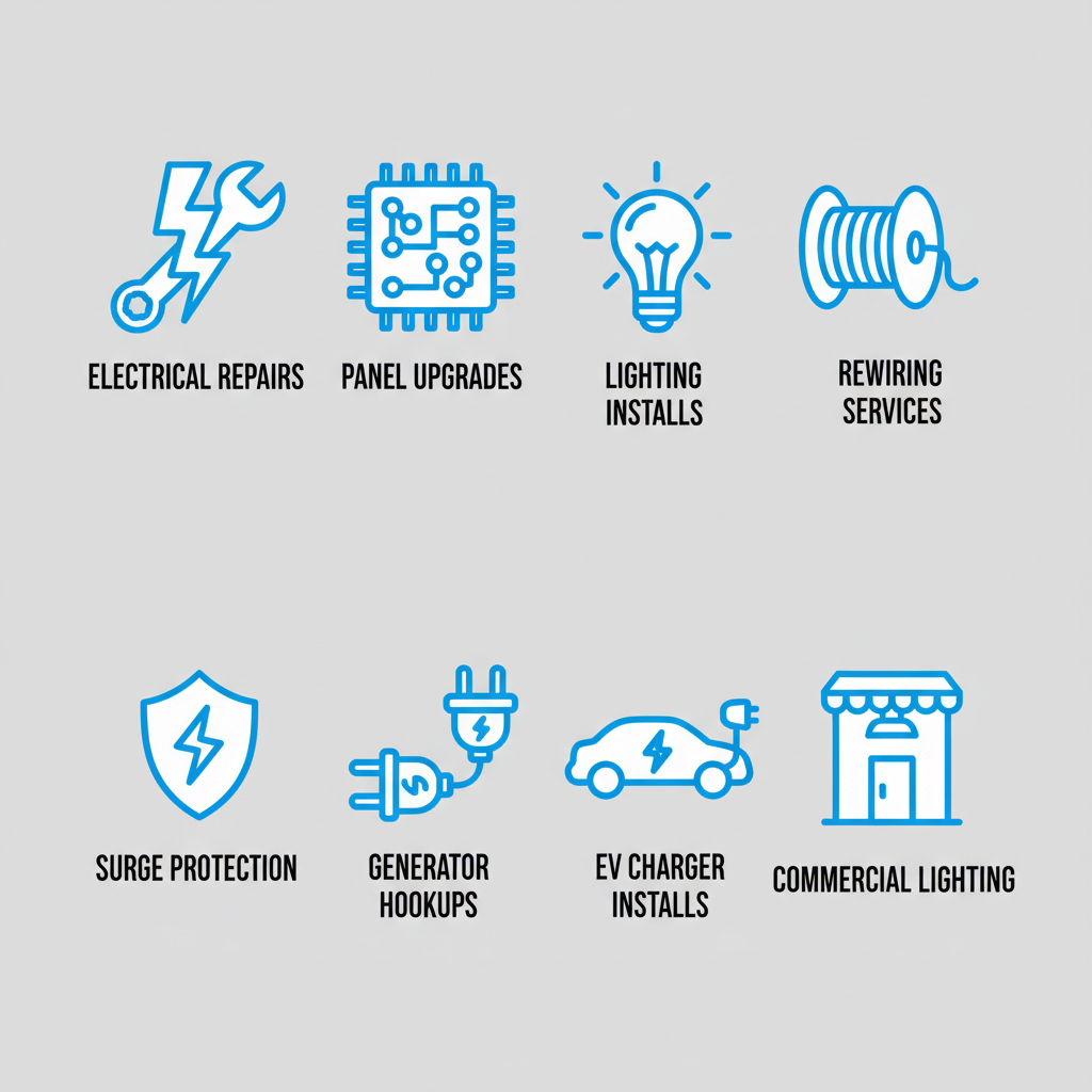 Grid of eight icons illustrating various residential electrical services including repairs, upgrades, and installations