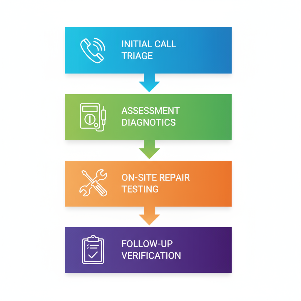 Vertical process flow diagram showing four stages of emergency electrical services: initial call, assessment, on-site repair, and follow-up verification.