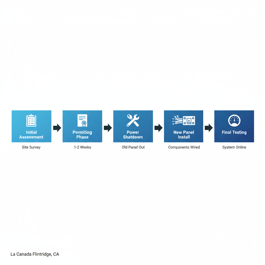 Horizontal diagram showing five stages of electrical panel upgrade process with icons and labels