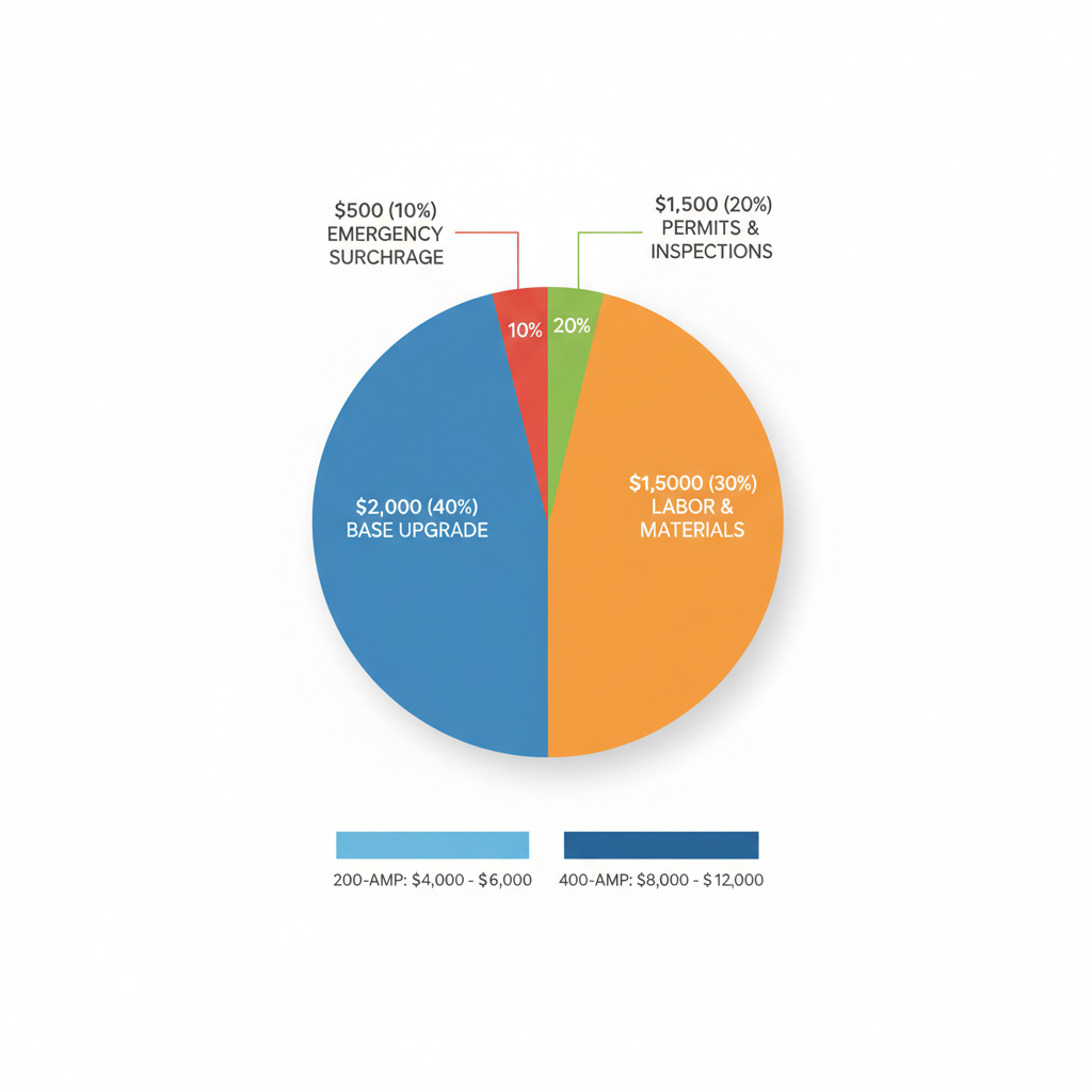 Pie chart breaking down average costs for electrical panel upgrades in La Canada Flintridge including base, emergency, labor, and permits with amp capacity bar