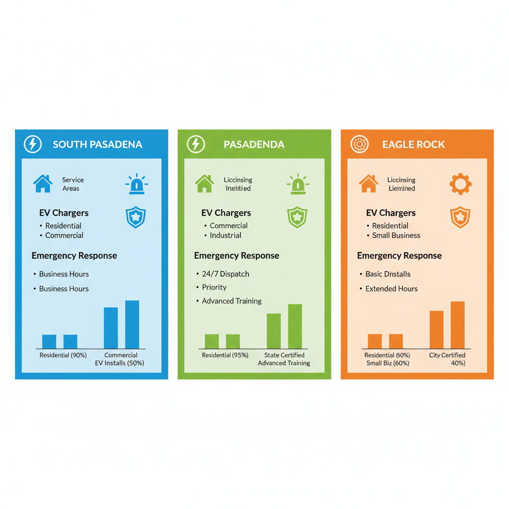 Infographic comparing electrical services across South Pasadena, Pasadena, and Eagle Rock with icons, bullets, and charts
