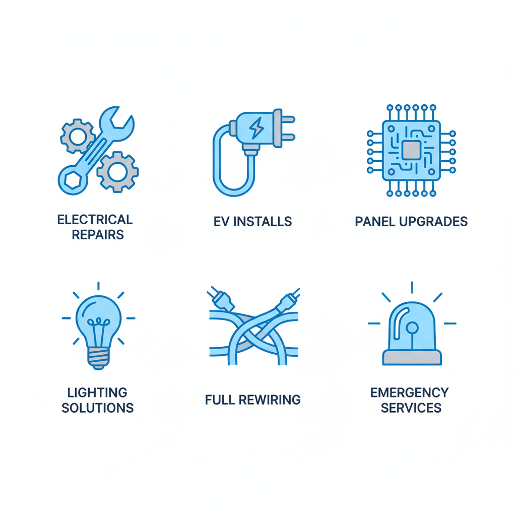 Grid of icons depicting Eagle Rock residential electrical services including repairs, EV charger installations, panel upgrades, lighting, rewiring, and emergency response