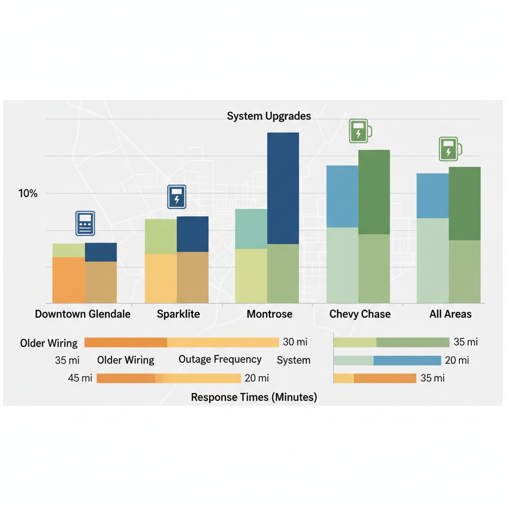 Bar chart visualizing electrical issues, upgrade priorities, and response times across Glendale neighborhoods