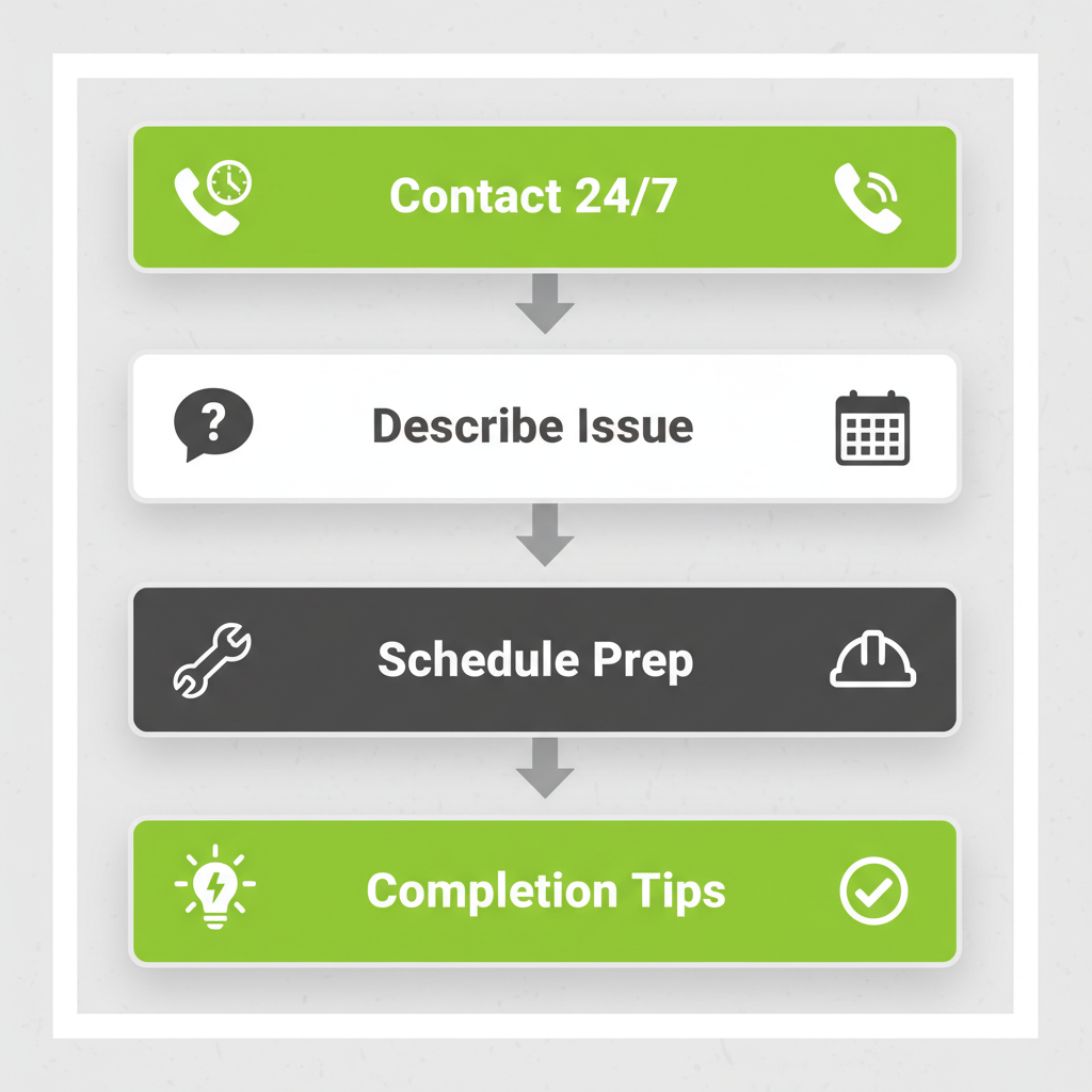 Vertical flowchart showing five steps to start electrical services: contact, describe, schedule, on-site work, and completion.