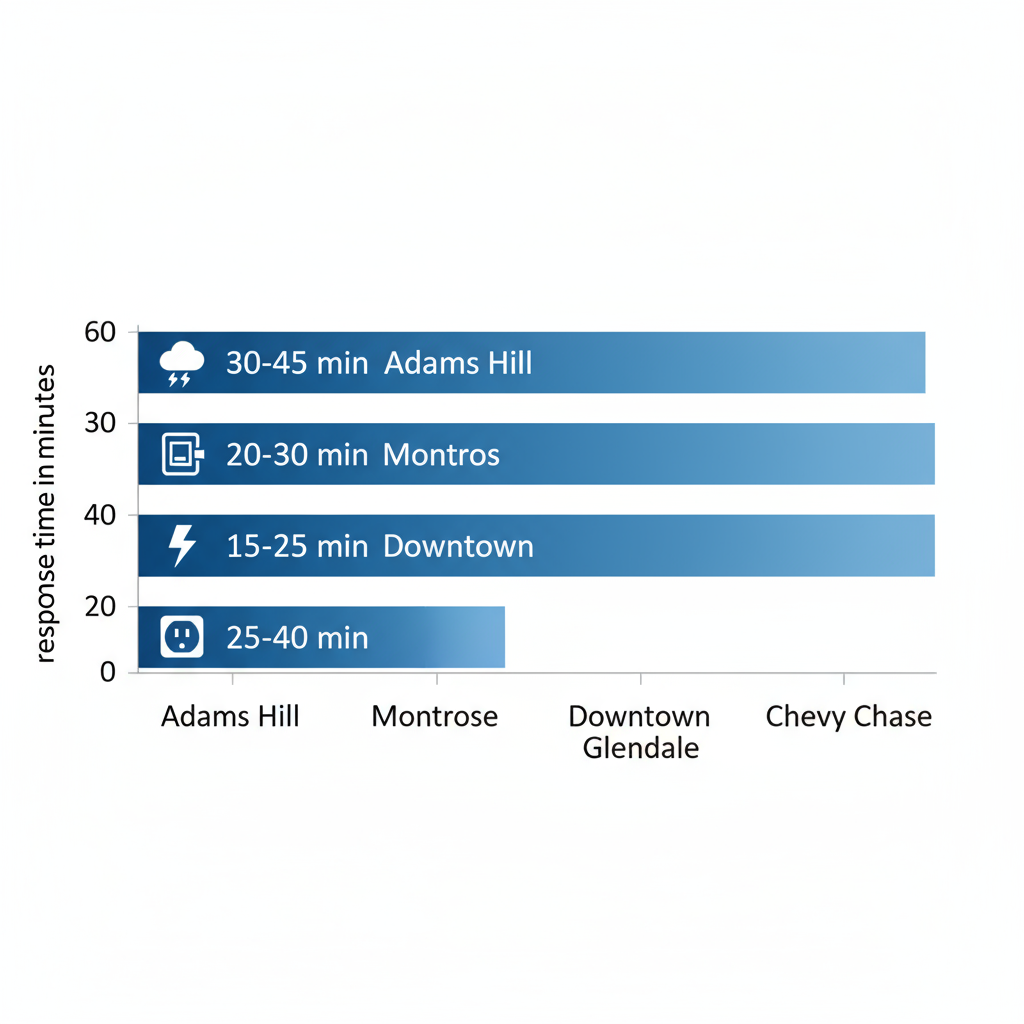 Horizontal bar chart showing Eagle Rock electrician response times in Glendale neighborhoods with icons for emergencies