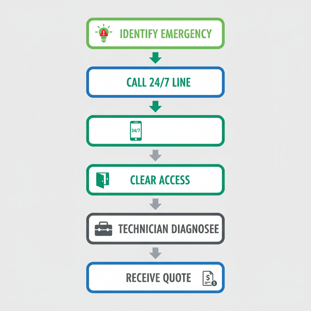 Vertical flowchart depicting five steps for emergency electrical service: identifying issue, calling support, preparing site, technician diagnosis, and receiving quote.