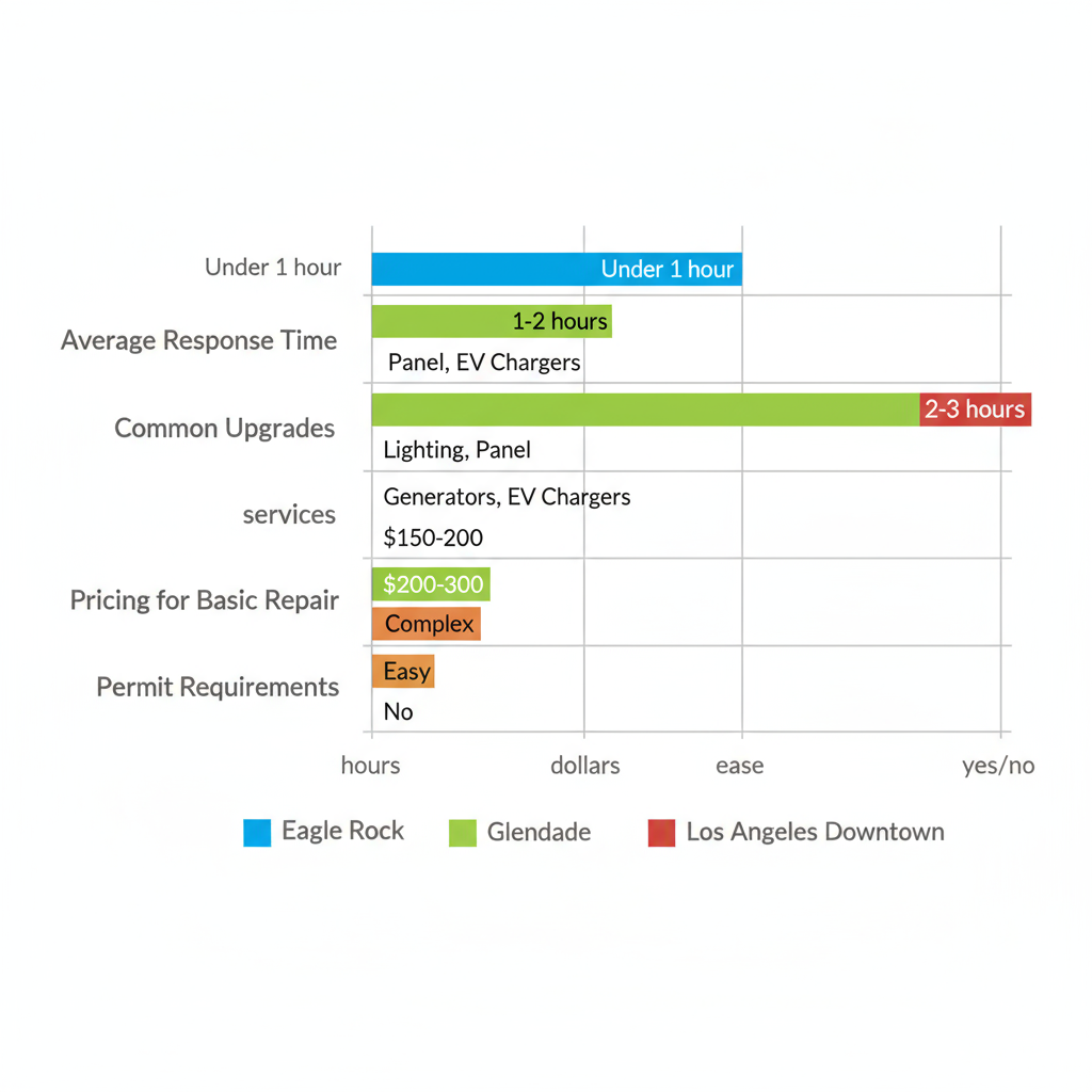Horizontal bar chart comparing commercial electrical services metrics in Eagle Rock, Glendale, and Los Angeles Downtown areas