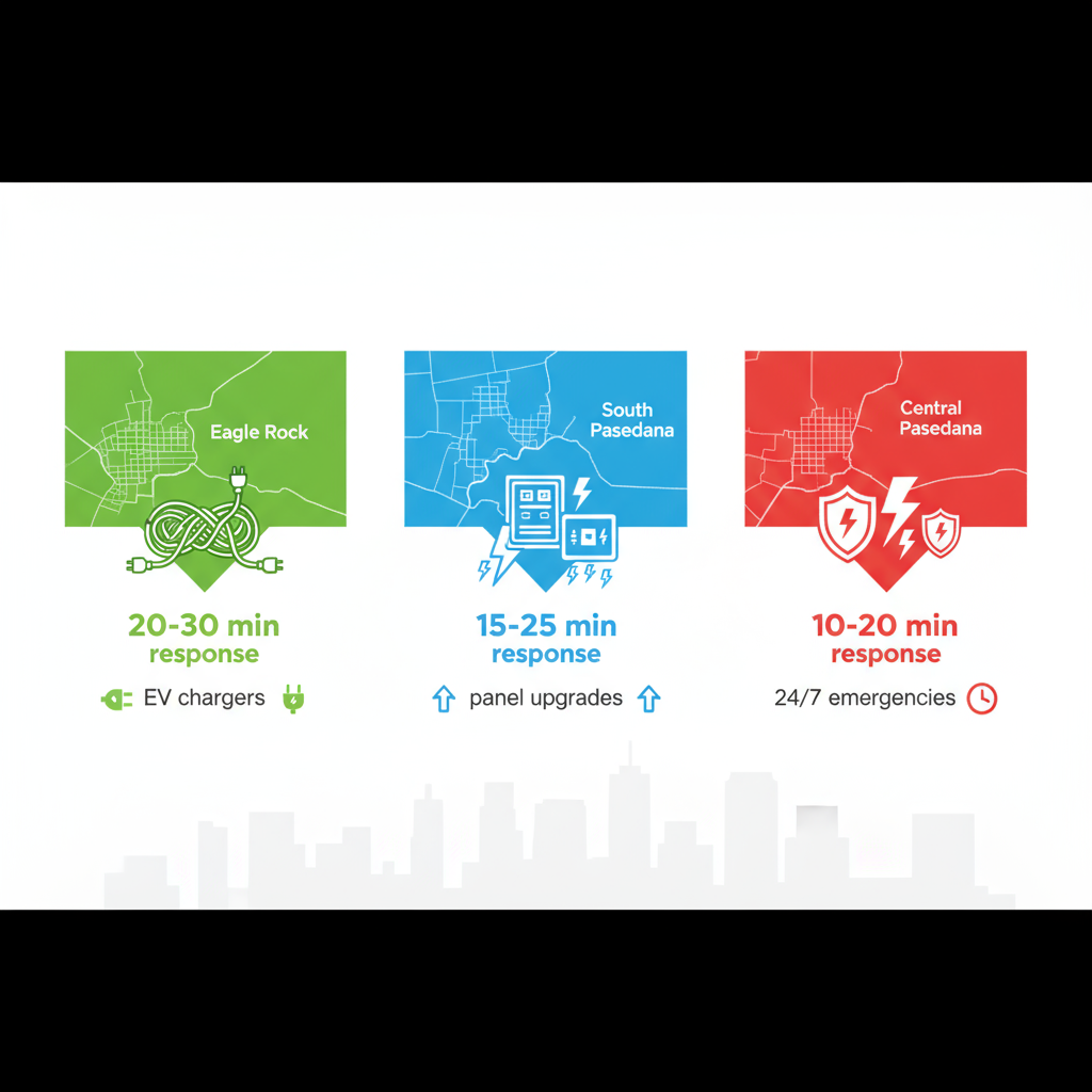 Infographic depicting electrical service challenges and response times across Pasadena neighborhoods including Eagle Rock, South Pasadena, and Central Pasadena