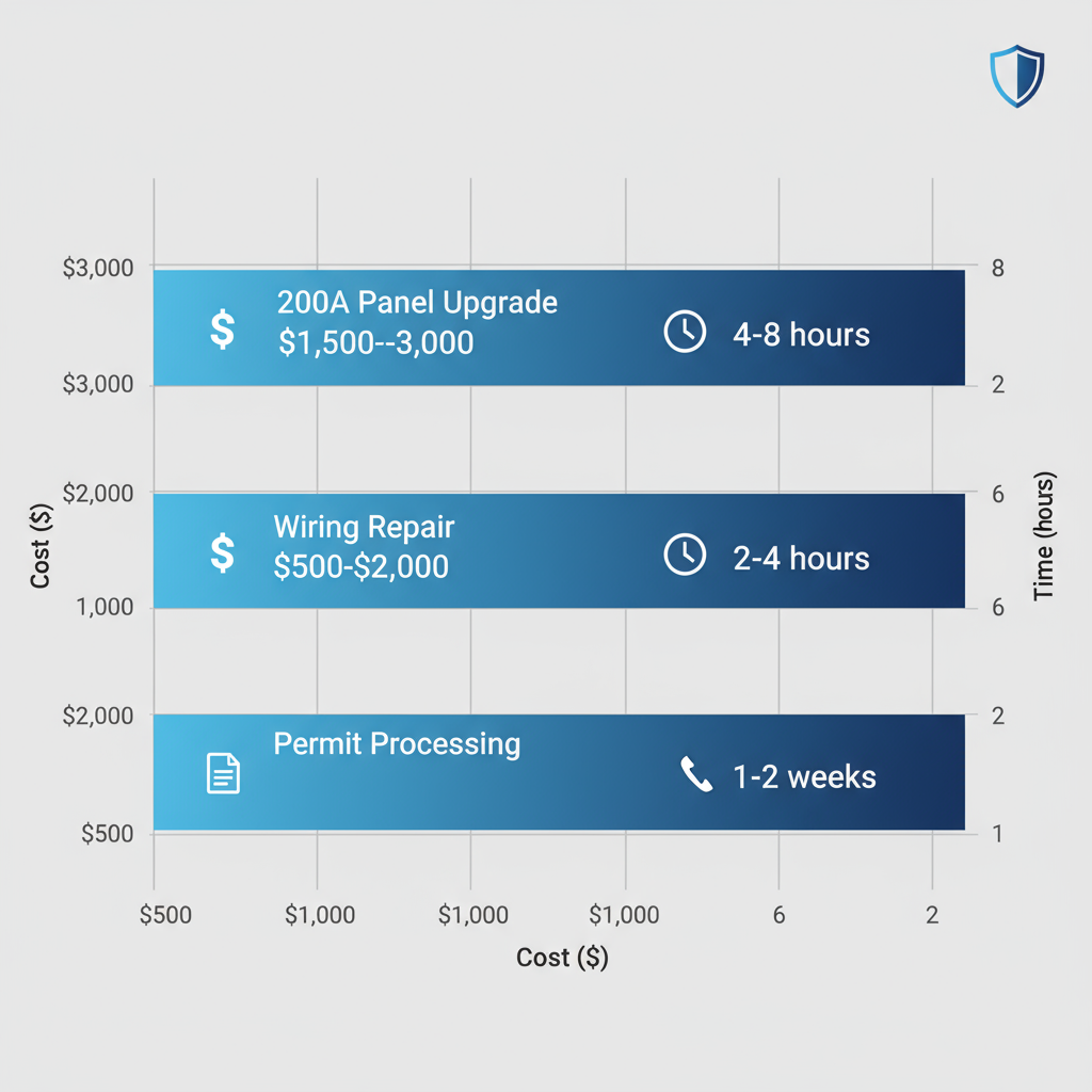 Bar chart of electrical service costs and timelines in Pasadena including panel upgrades, wiring repairs, and permits