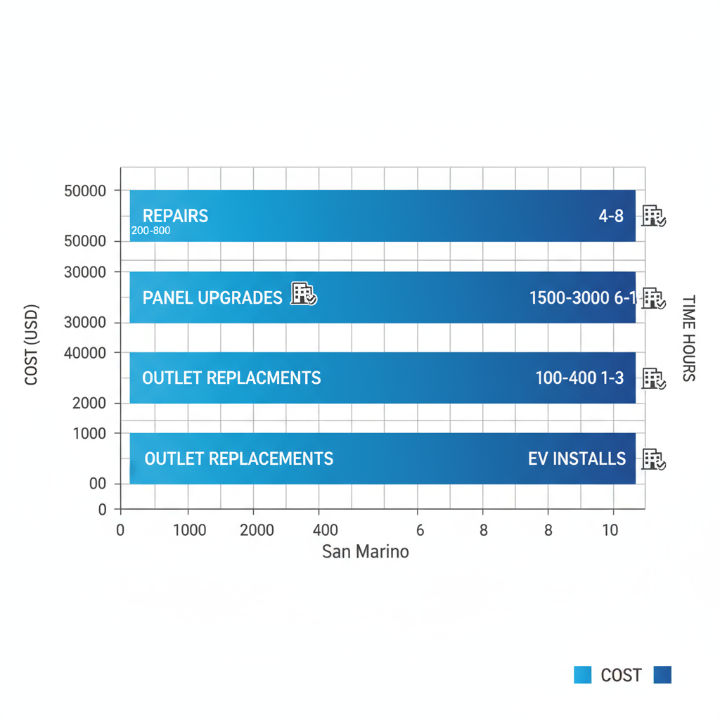 Horizontal bar chart comparing costs in dollars and timelines in hours for electrical repairs, panel upgrades, outlet replacements, and EV installations in San Marino, with permit icons