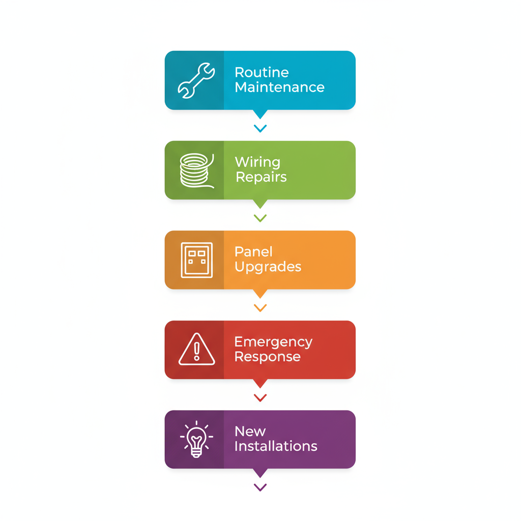 Vertical process flow illustrating five key commercial electrical services stages with icons and labels