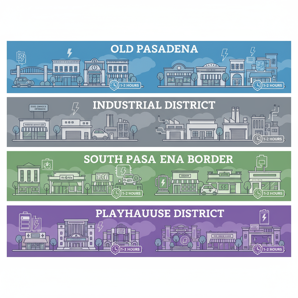Infographic depicting Pasadena commercial zones with electrical service icons and response times