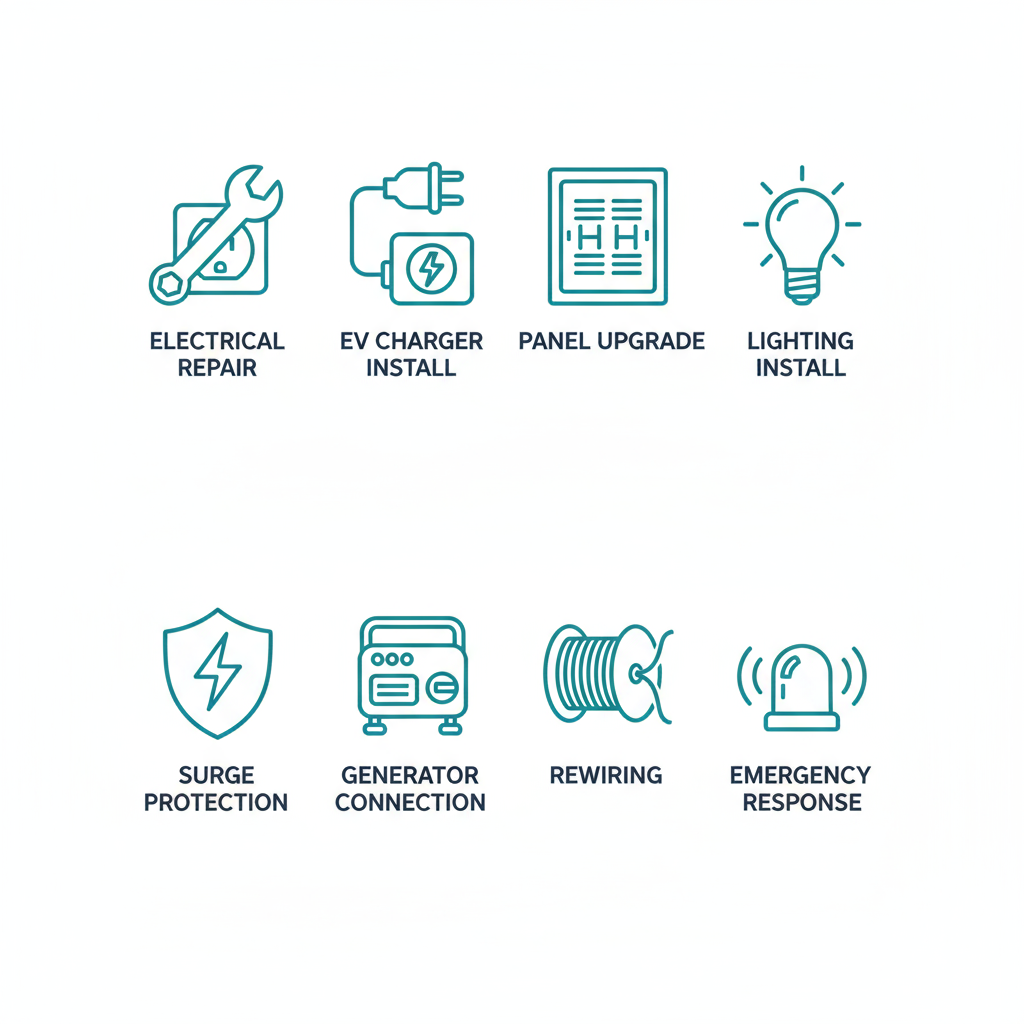 Set of icons depicting various residential electrical services including repairs, installations, and emergency response