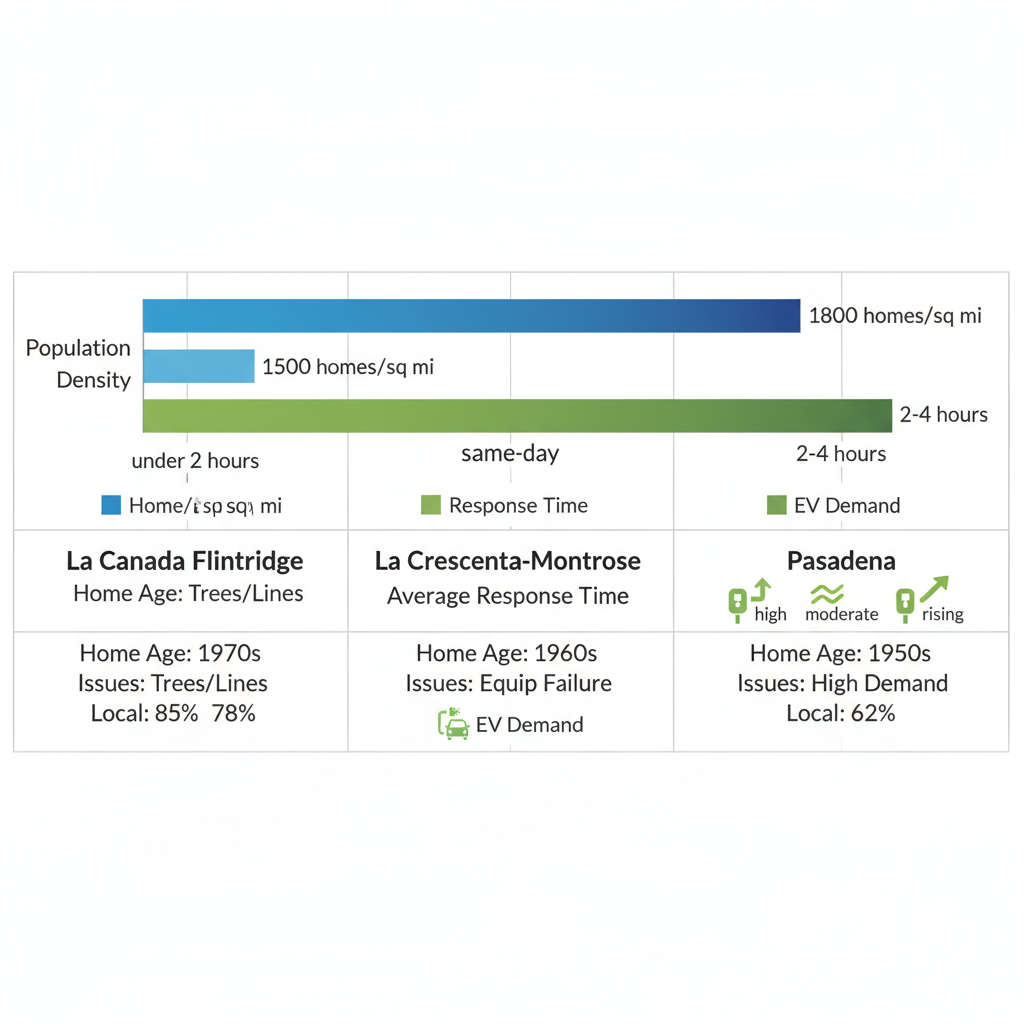 Horizontal bar chart showing population density, response times, and EV charger demand metrics for La Canada Flintridge, La Crescenta-Montrose, and Pasadena areas