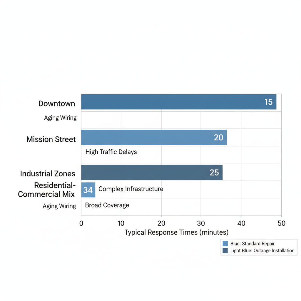 Bar chart displaying response times for electrical services across South Pasadena commercial areas, highlighting challenges such as aging wiring.