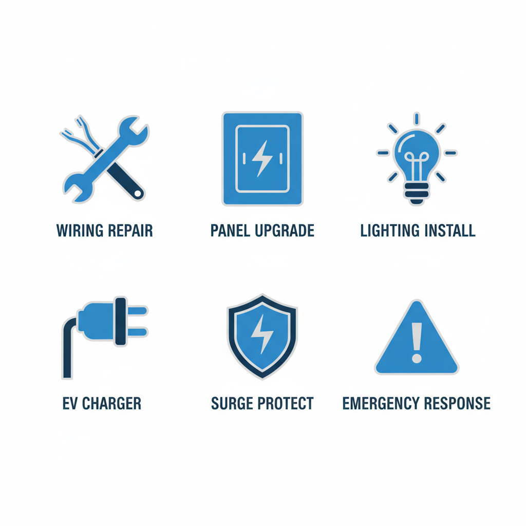 Grid of icons representing commercial electrical services including repair, upgrade, installation, and protection