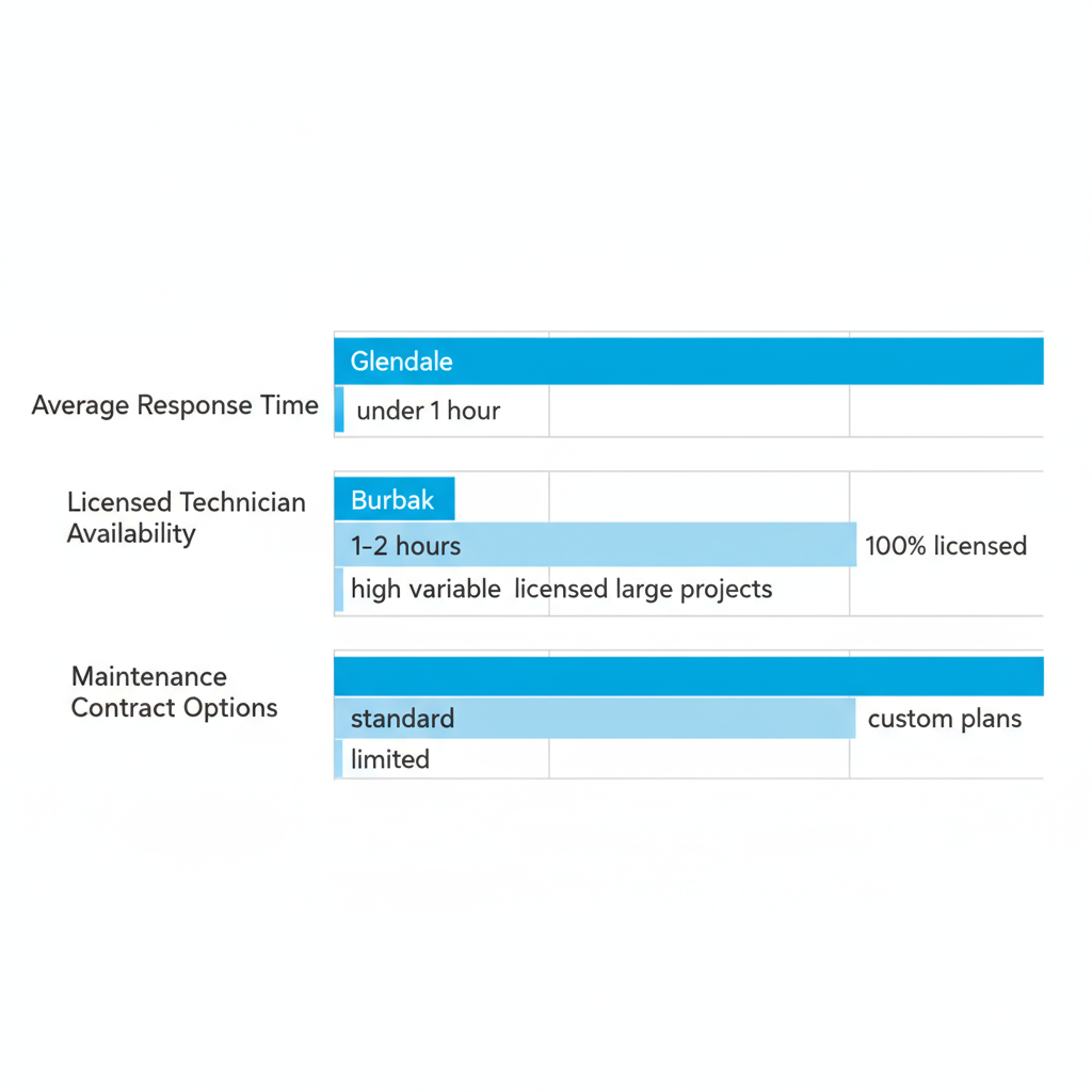 Horizontal bar chart comparing emergency response times, technician licensing, and maintenance options for commercial electrical services in Glendale versus Burbank and Pasadena