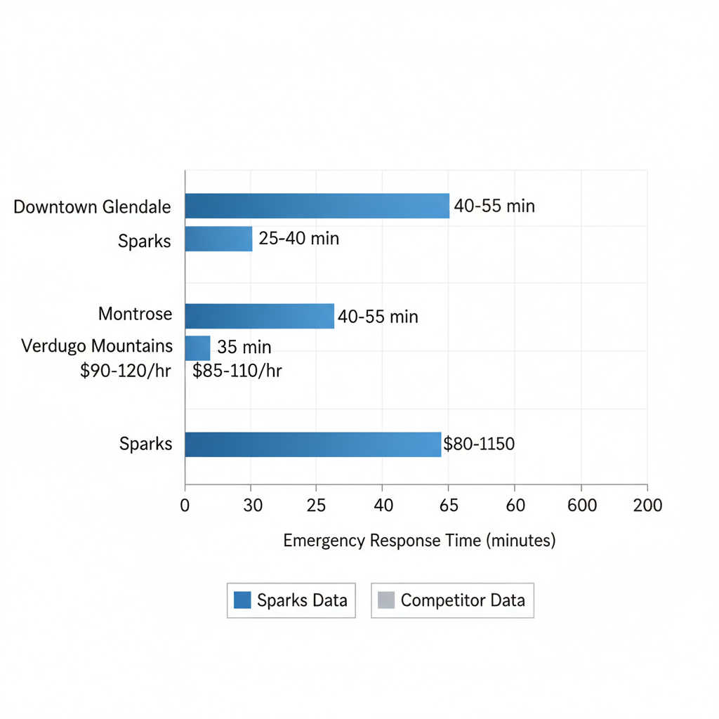 Horizontal bar chart comparing Eagle Rock electrical services against competitors in Glendale neighborhoods by response time and hourly cost