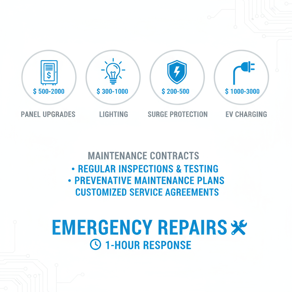 Vertical infographic depicting commercial electrical services including pricing for panel upgrades, lighting, surge protection, EV connections, maintenance contracts, and emergency repairs.