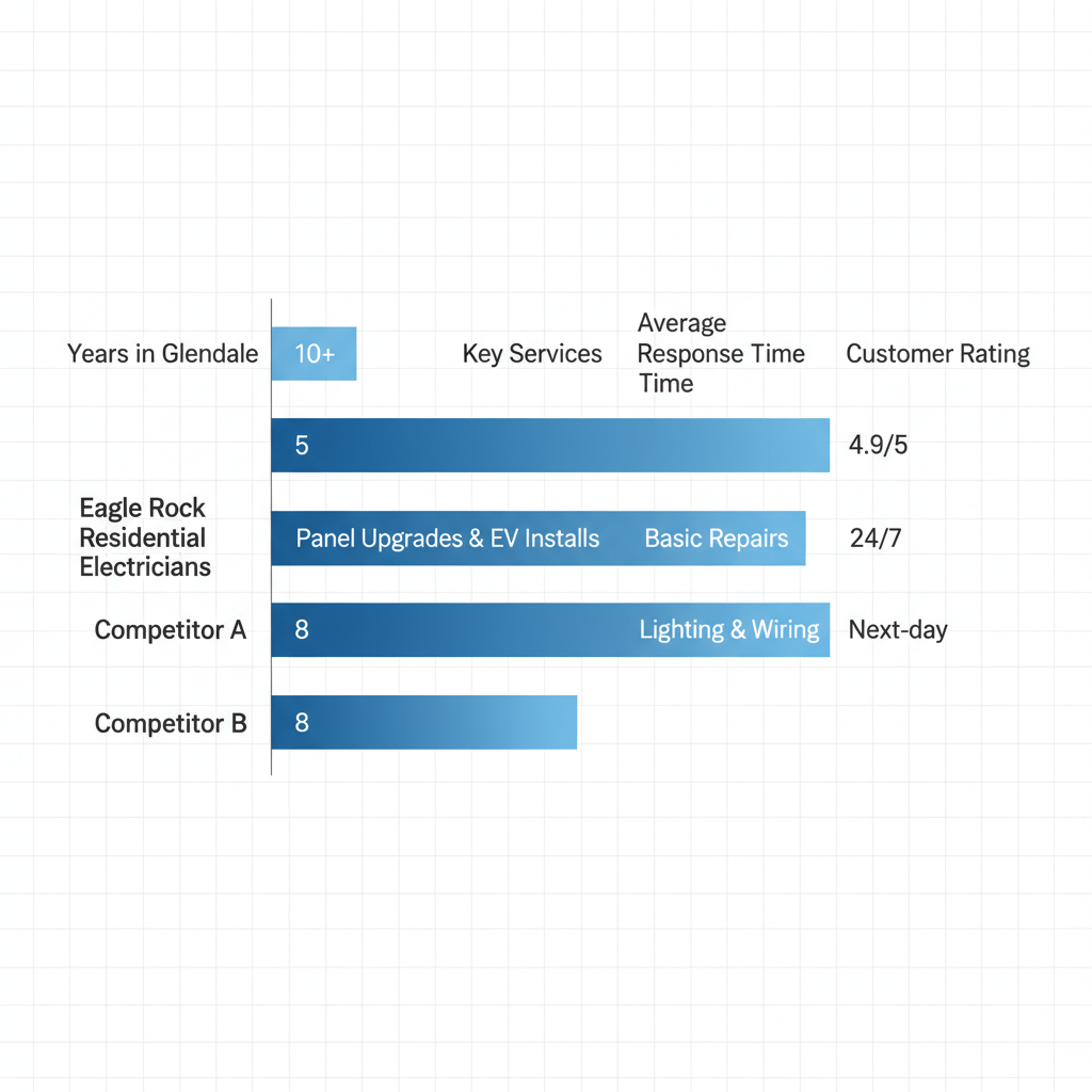 Horizontal bar chart comparing Eagle Rock Residential Electricians and two competitors on years in Glendale, key services, response time, and customer ratings