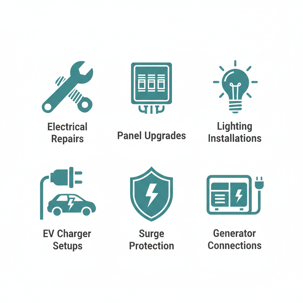 Grid of six modern icons depicting residential electrical services: repairs, panel upgrades, lighting, EV chargers, surge protection, and generators