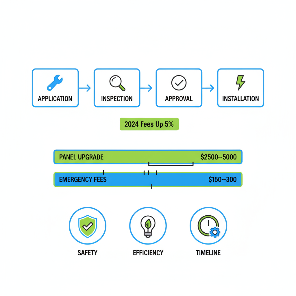 Infographic depicting Pasadena electrical permit process steps, cost ranges for panels and emergencies, and key benefits icons