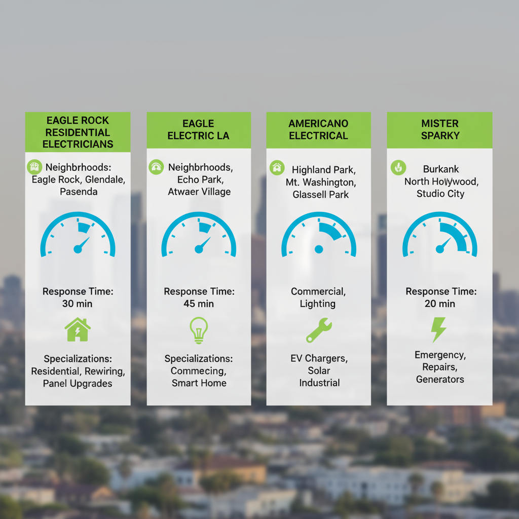 Infographic comparing four top electricians in Eagle Rock including service areas, response times, and specializations