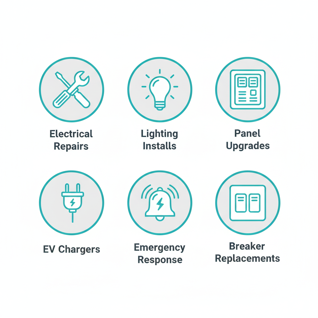 Grid of six modern icons depicting electrical repairs, lighting installations, panel upgrades, EV charger setup, emergency response, and breaker replacements for residential services