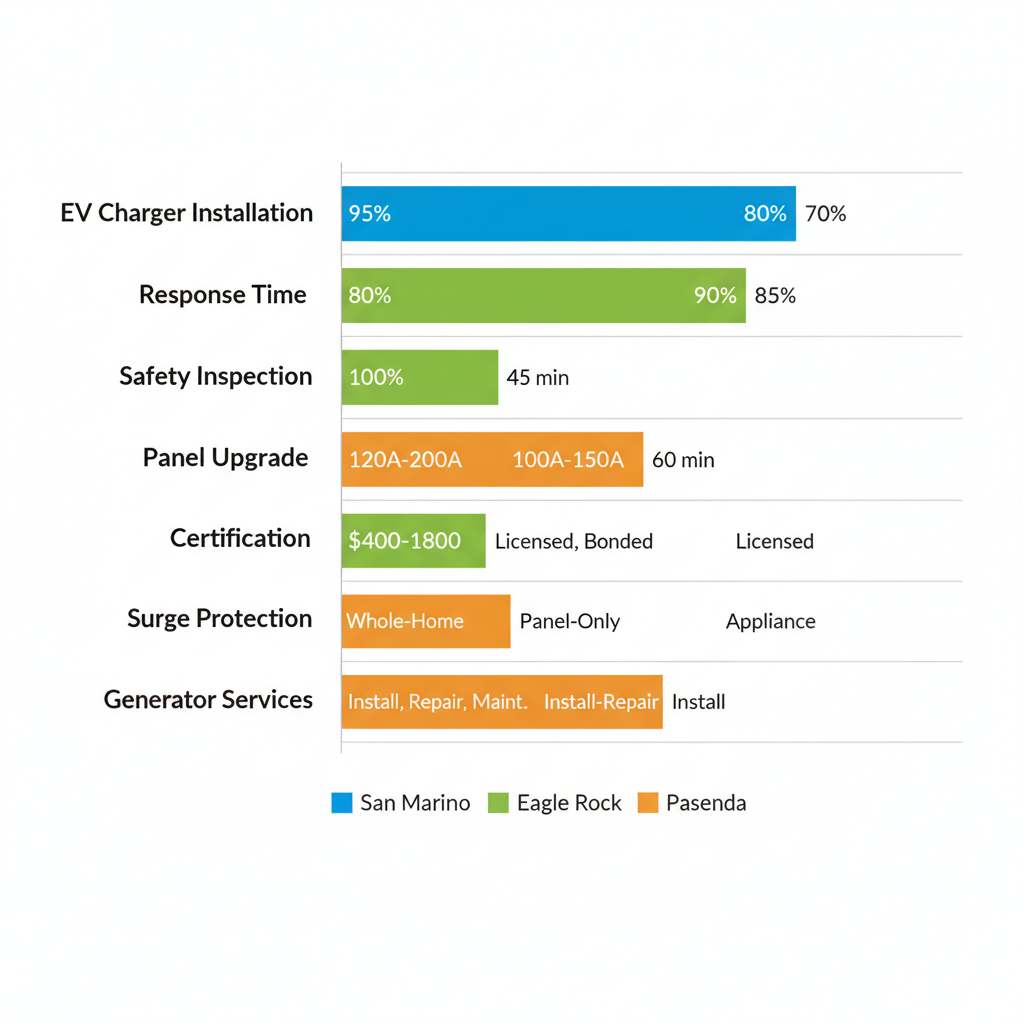 Horizontal bar chart comparing electrical services like EV charger installation and response times across San Marino, Eagle Rock, and Pasadena areas