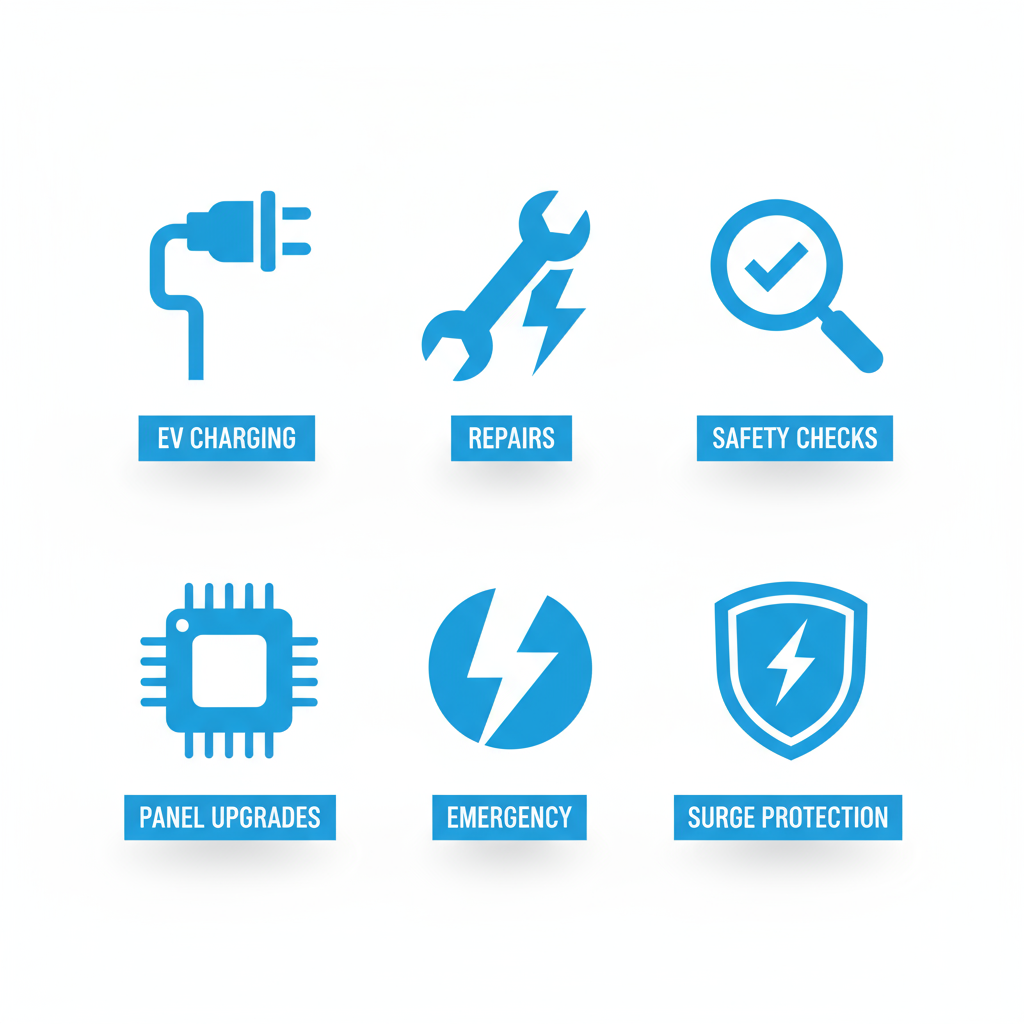 Grid of six icons illustrating key electrical services: EV charger, repairs, safety inspections, panel upgrades, emergency response, and surge protection.