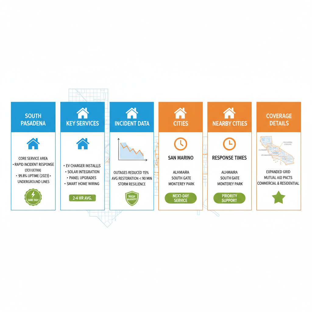 Infographic comparing electrical service coverage, response times, and key services across South Pasadena and surrounding neighborhoods