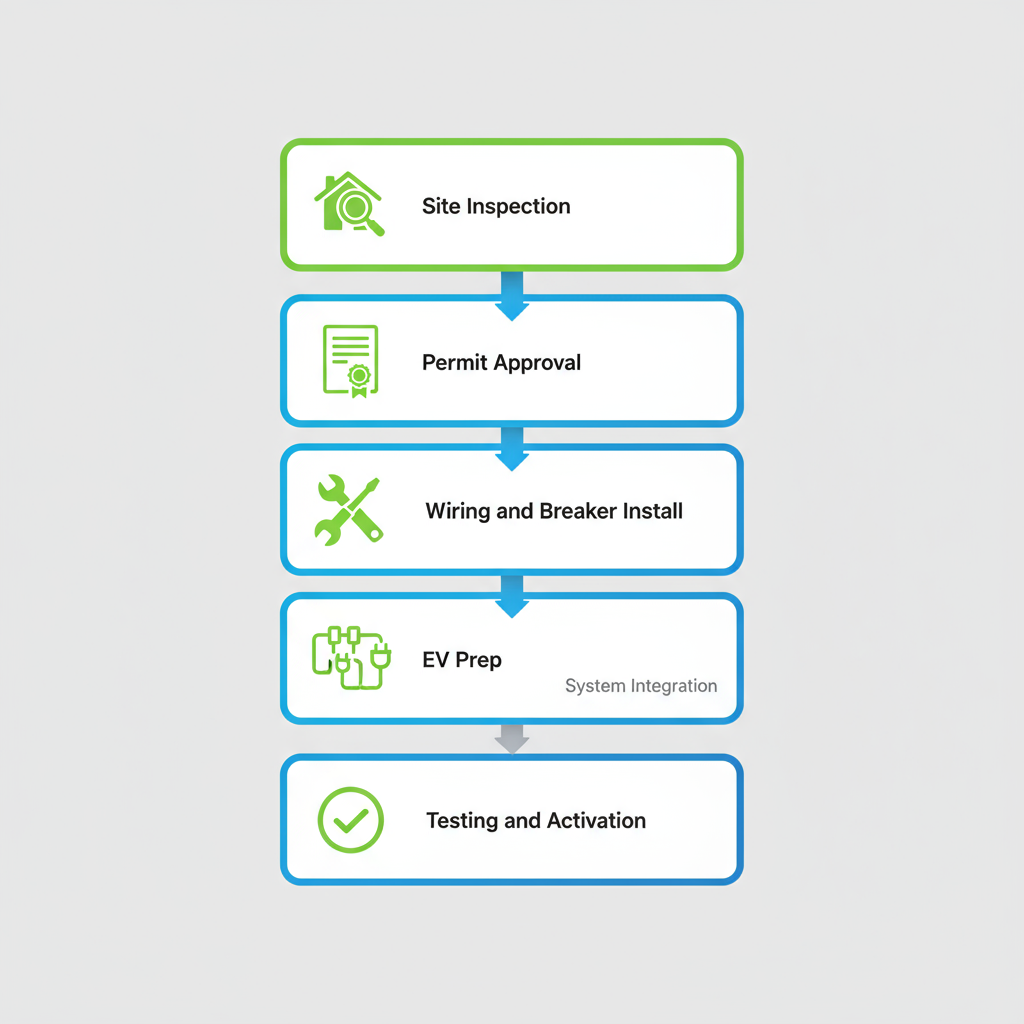 Vertical flowchart depicting six steps of electrical panel upgrade and EV charger installation process with icons and minimal labels