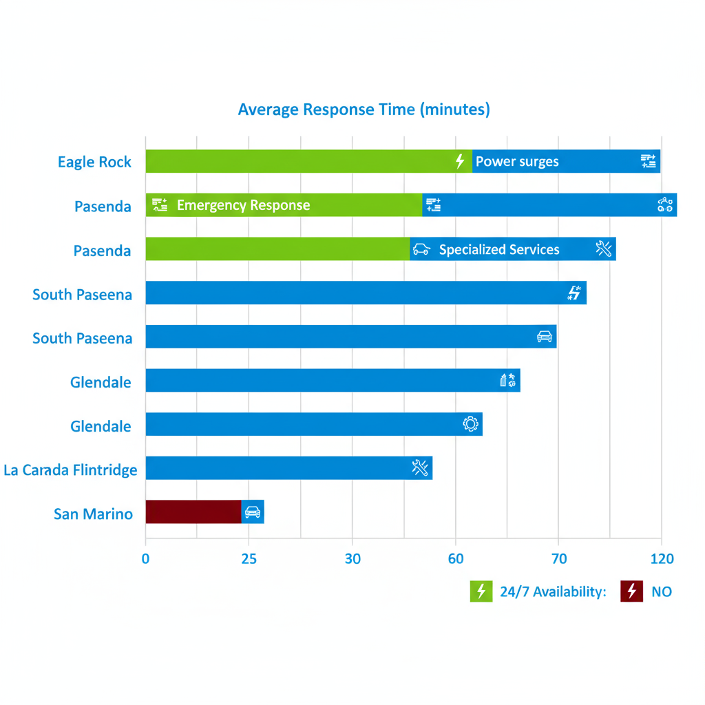 Bar chart comparing average response times and 24/7 availability for emergency electrical services across Eagle Rock and nearby neighborhoods