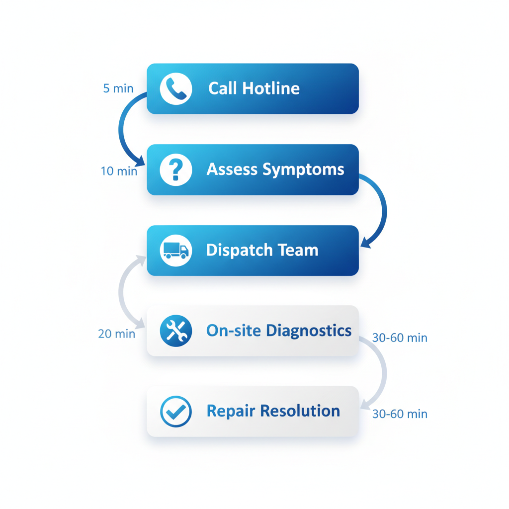 Vertical flowchart depicting the five-step 24/7 emergency response process for residential electrical repairs, including icons for calling, assessment, dispatch, diagnostics, and resolution.