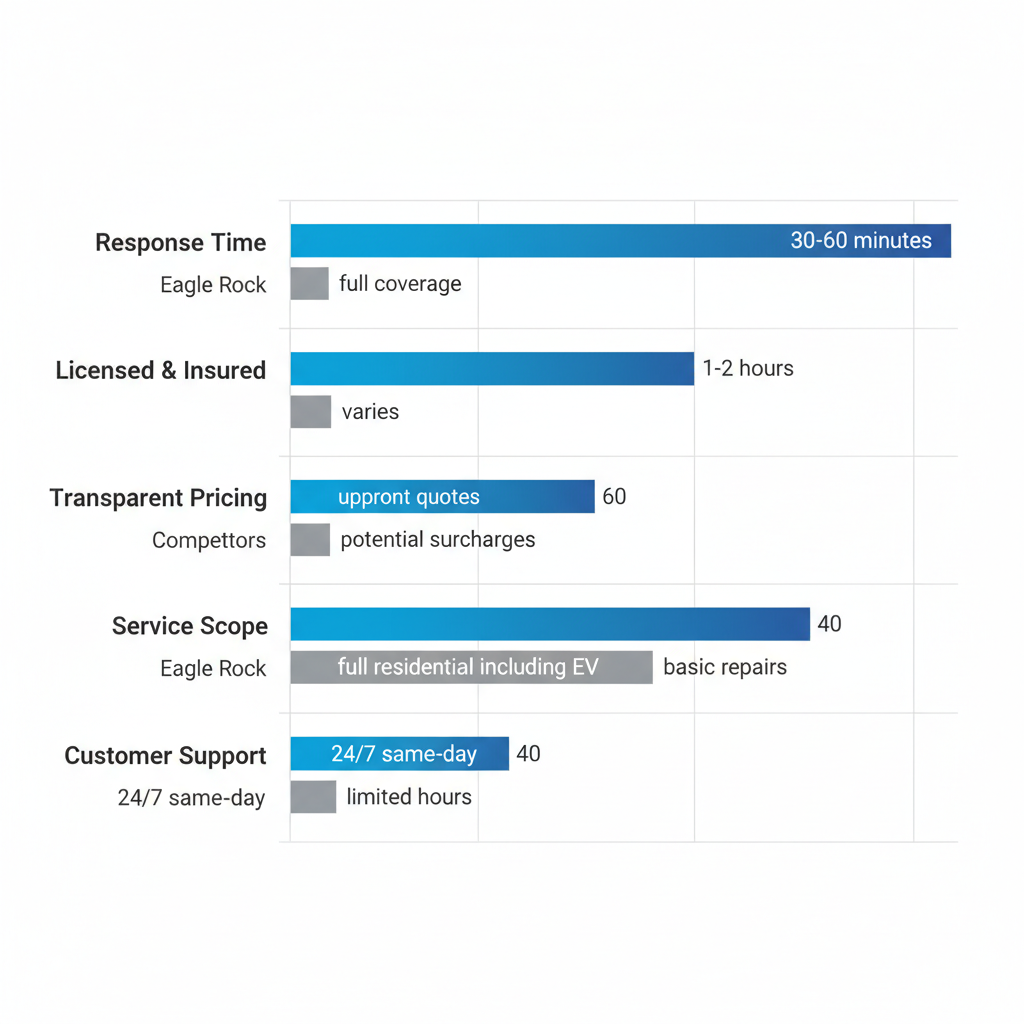 Bar chart comparing Eagle Rock Residential Electricians advantages over competitors in emergency response time, licensing, pricing, service scope, and customer support