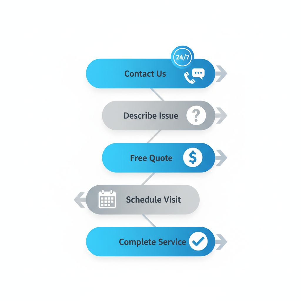 Vertical process flow diagram illustrating five steps to schedule Eagle Rock residential electrical services, including contact, description, quote, scheduling, and completion with icons and 24/7 availability indicator.