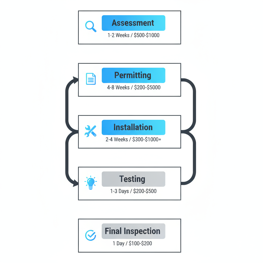 Vertical process flow diagram illustrating five stages of commercial outlet installation: assessment, permitting, installation, testing, and final inspection with icons and minimal timeline/cost labels