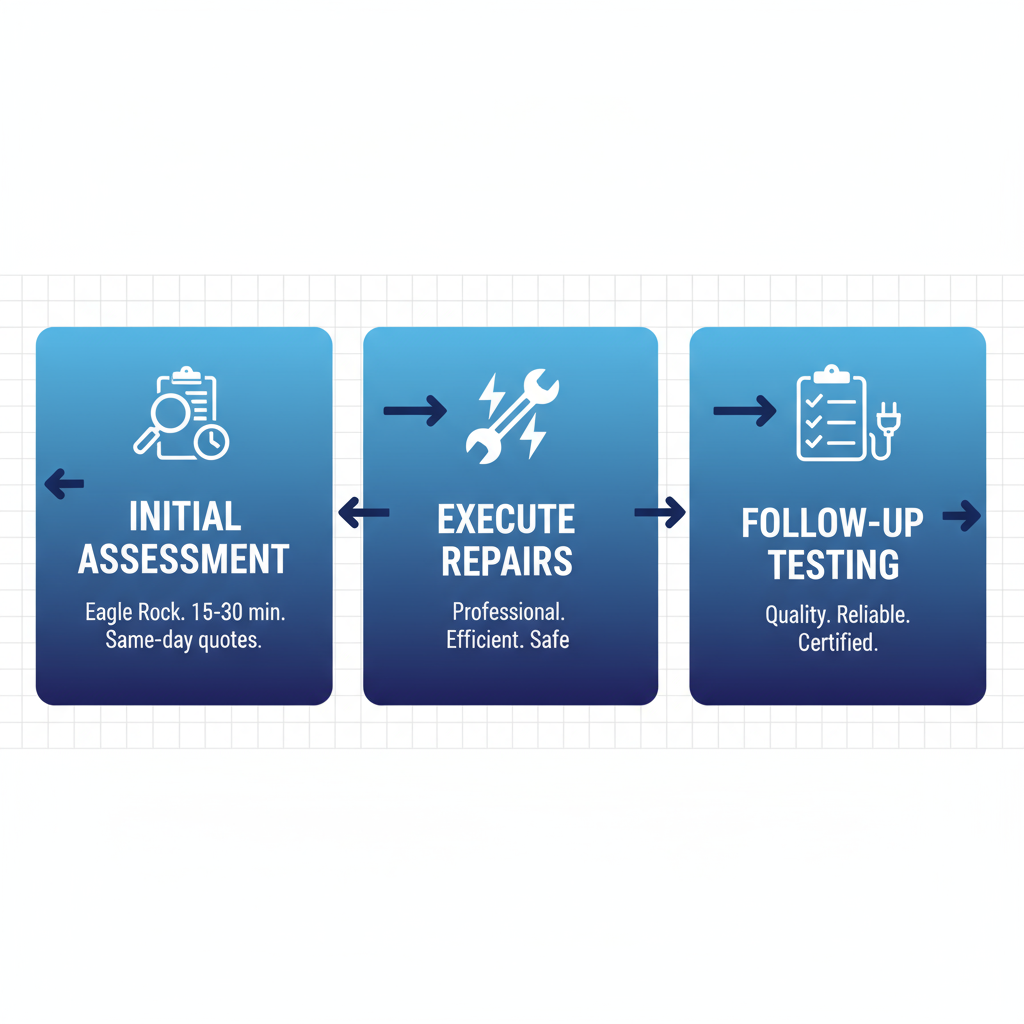 Horizontal flowchart depicting three stages of residential electrical services: initial assessment, repair execution, and follow-up testing with icons and arrows.