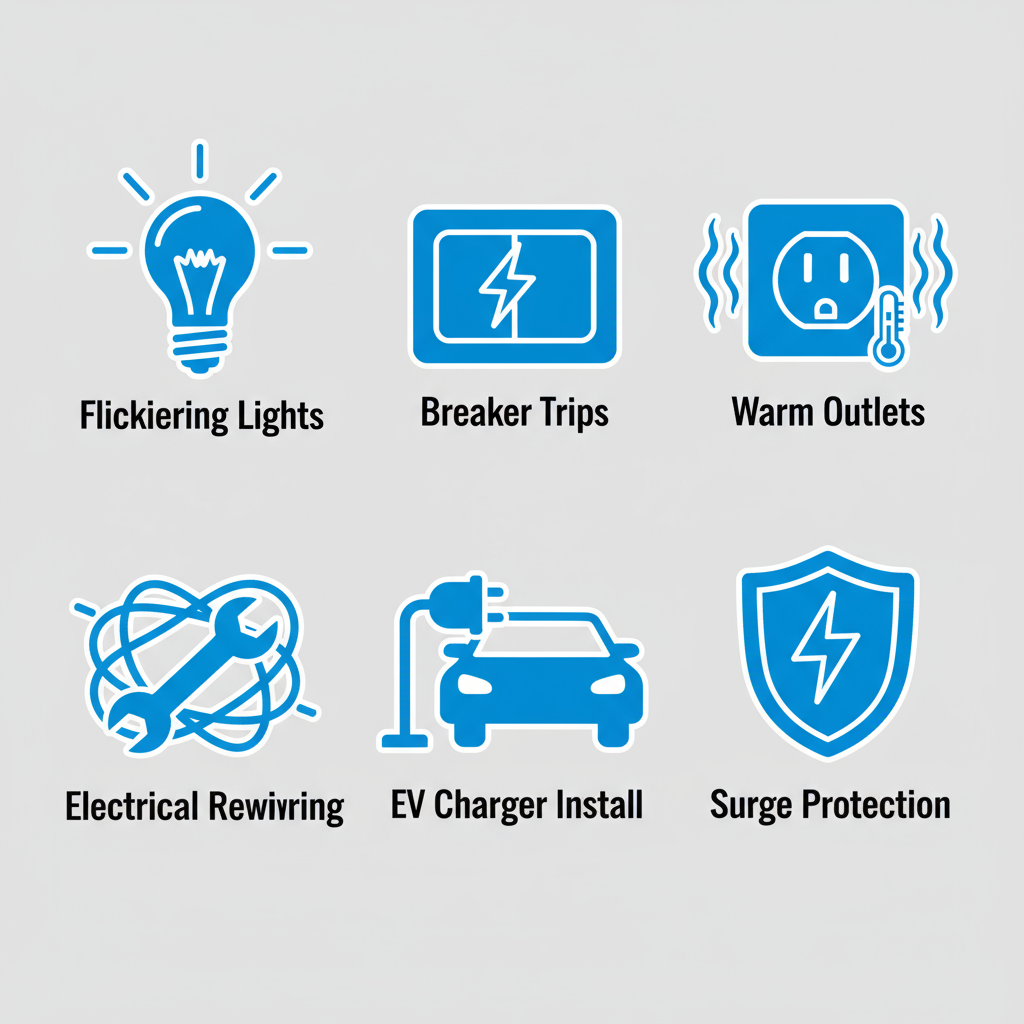 Grid of icons depicting common residential electrical issues and services including lighting, breakers, outlets, rewiring, EV chargers, and surge protection