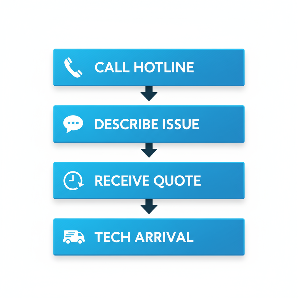 Visual flowchart depicting the four-step process for scheduling emergency electrical services, from calling the hotline to technician arrival.