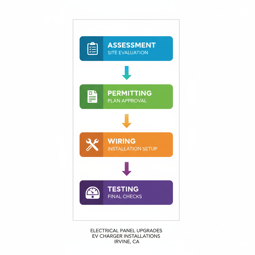 Vertical process flow diagram illustrating four key stages of electrical panel upgrades and EV charger installations with icons and color-coded boxes.