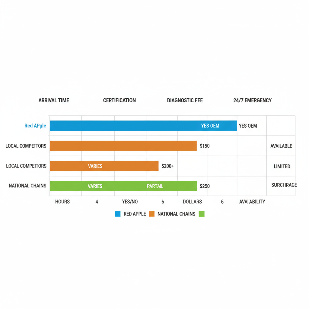 Bar chart comparing Red Apple, local, and national Viking repair services in Corona across arrival time, certification, diagnostic fees, and 24/7 availability metrics