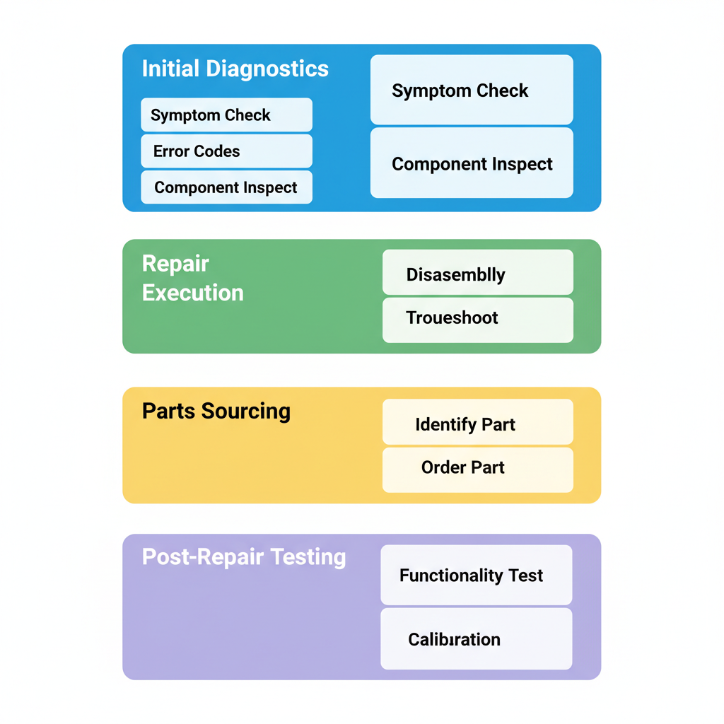 Vertical flowchart depicting four stages of Viking appliance repair process including diagnostics, execution, sourcing, and testing