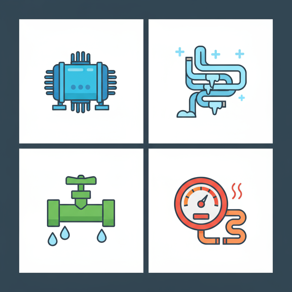 Modern icons depicting compressor, evaporator coils, water inlet valve, and defrost thermostat for Viking refrigerator maintenance.